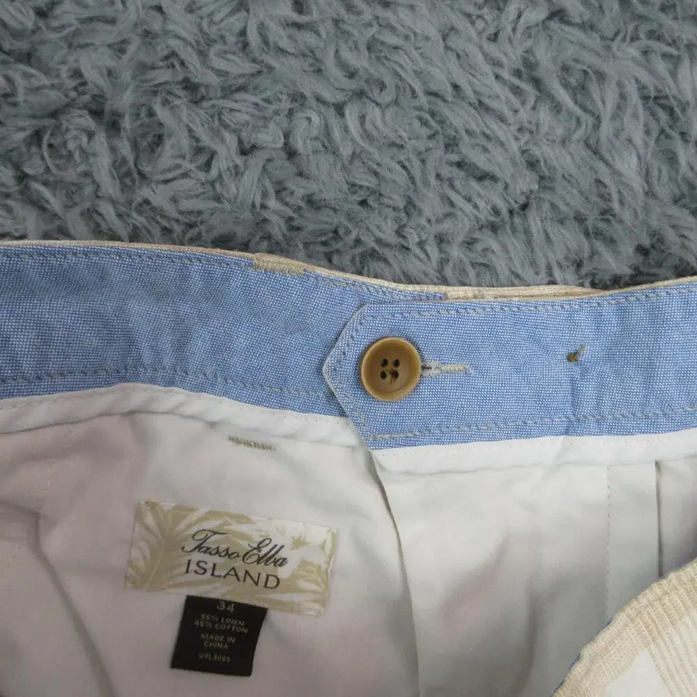 Tasso Elba Shorts Mens 34 Beige Plaid Linen Cotton Chino Pleated Casual 36x9*